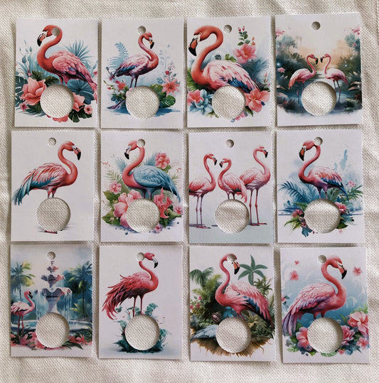 Flamingo themed handmade floss drops for cross stitch.