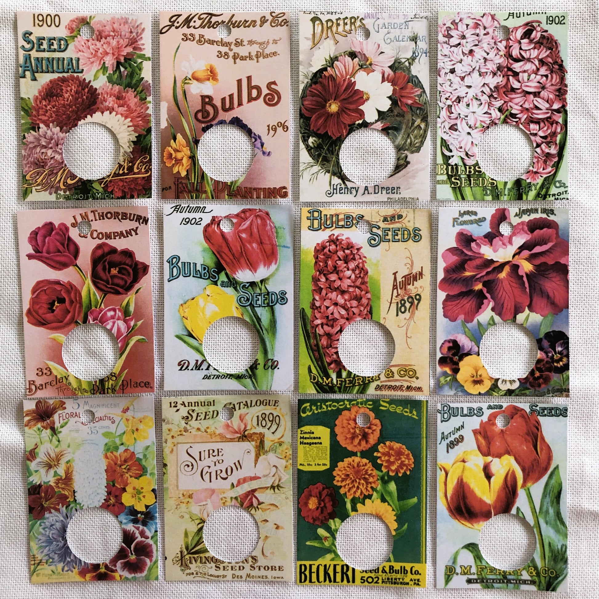 Vintage seed packet themed handmade floss drops for cross stitch.