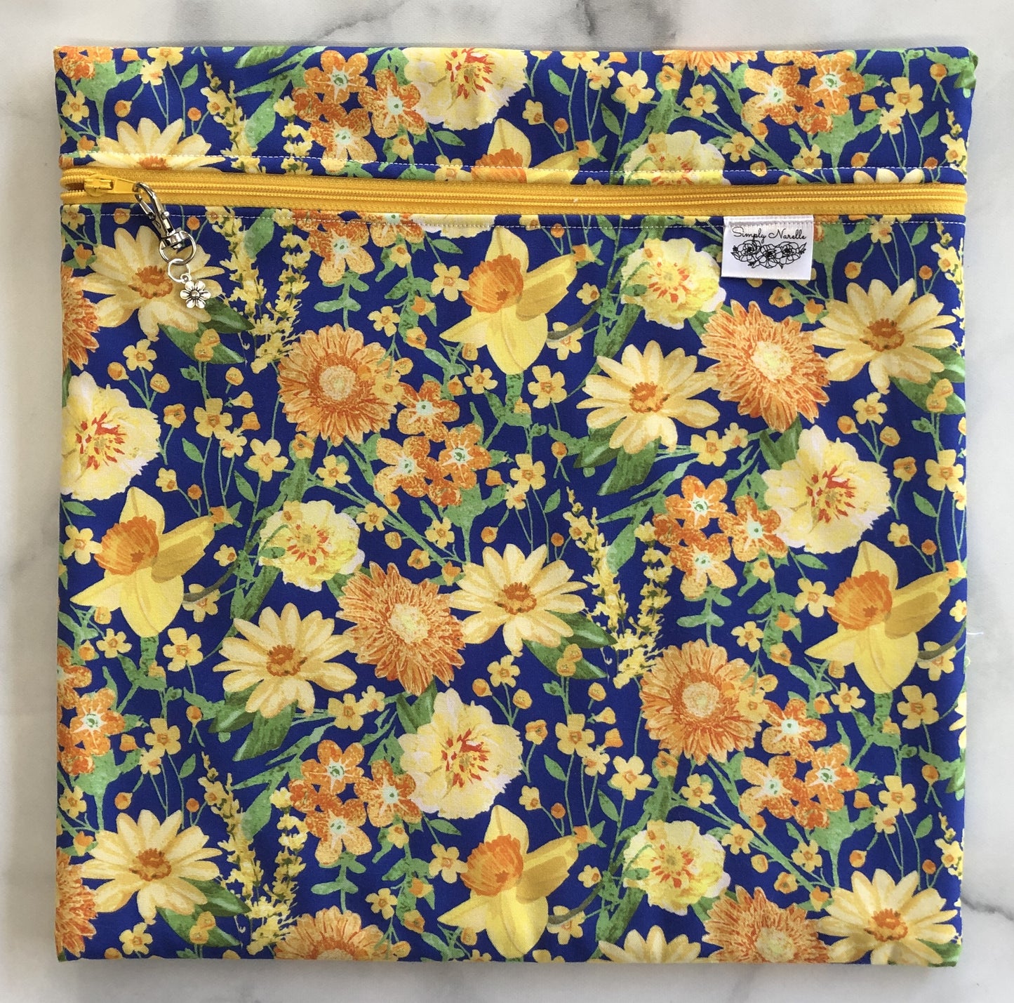 Daffodil themed project bag for cross stitch.