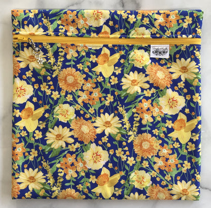 Daffodil themed project bag for cross stitch.