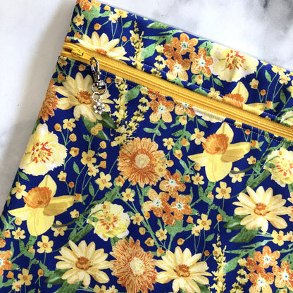 Daffodil themed project bag for cross stitch.