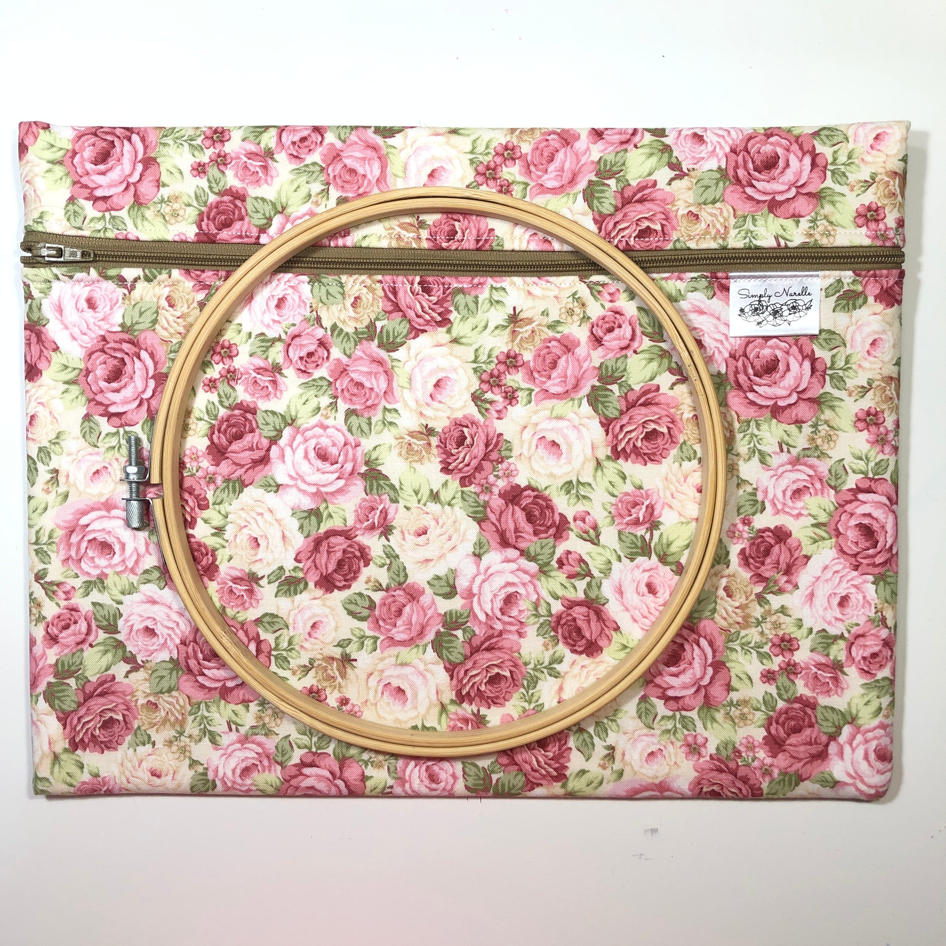 Pink floral cross stitch project bag