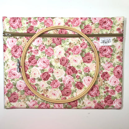 Pink floral cross stitch project bag