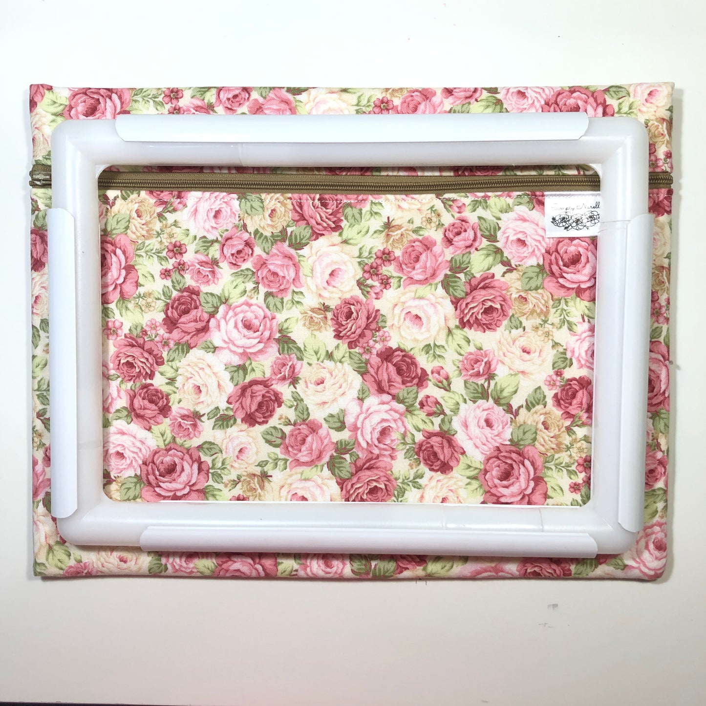 Pink floral cross stitch project bag