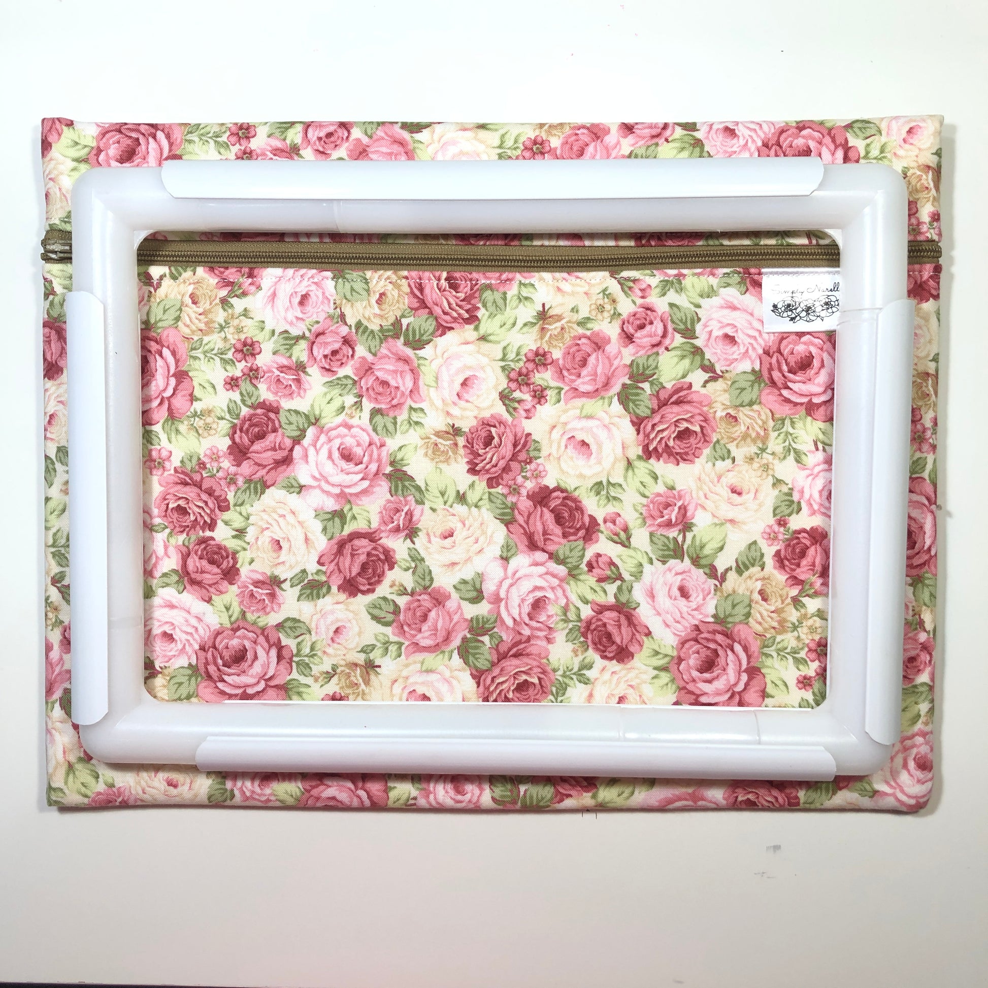 Pink floral cross stitch project bag