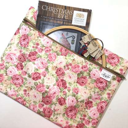 Pink floral cross stitch project bag