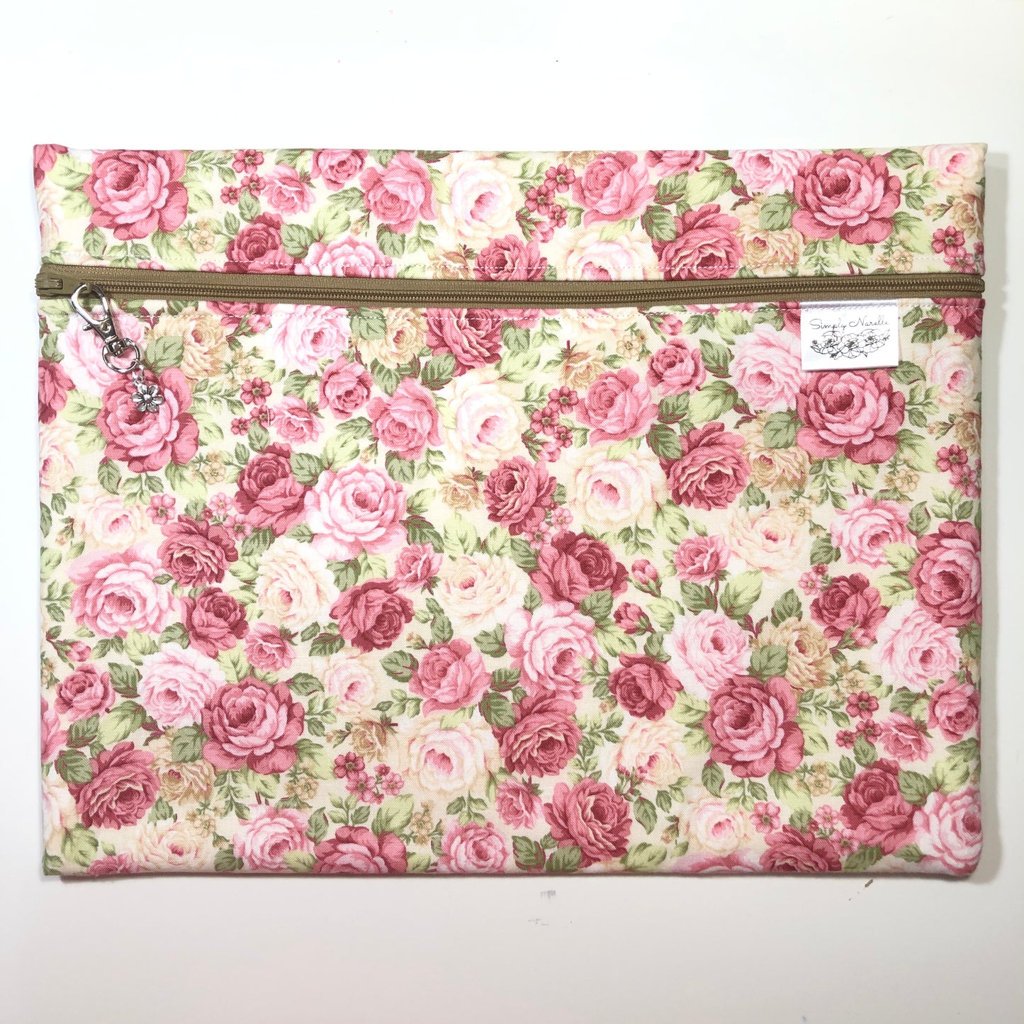 Pink floral cross stitch project bag
