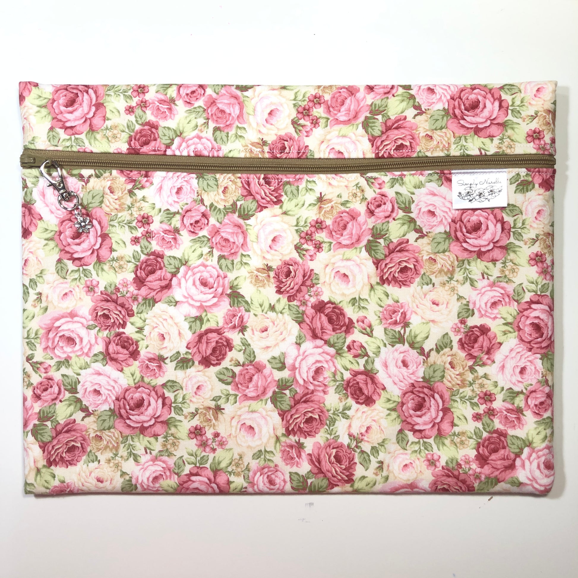 Pink floral cross stitch project bag