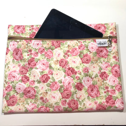 Pink floral patterned project bag for cross stitch.