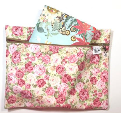 Pink floral patterned project bag for cross stitch.