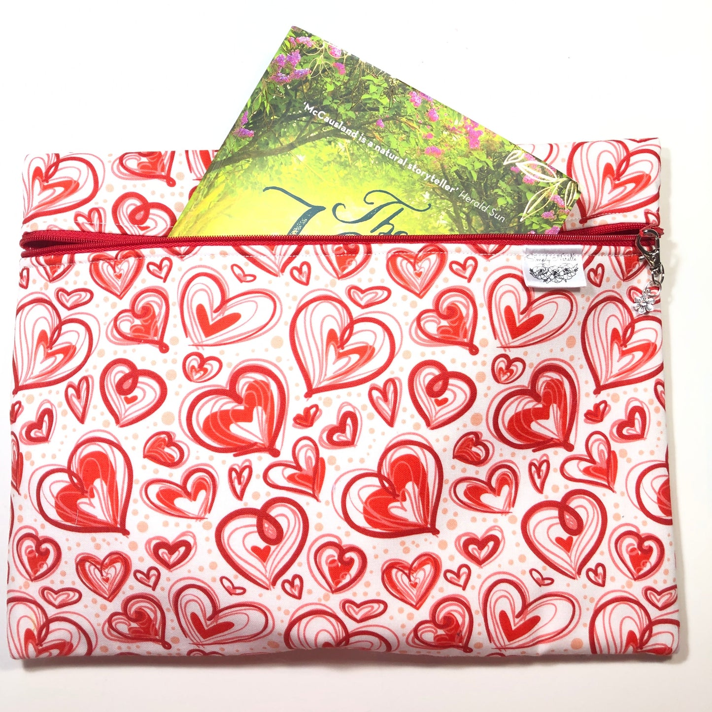 Red hearts  cotton zippered bag for  books.