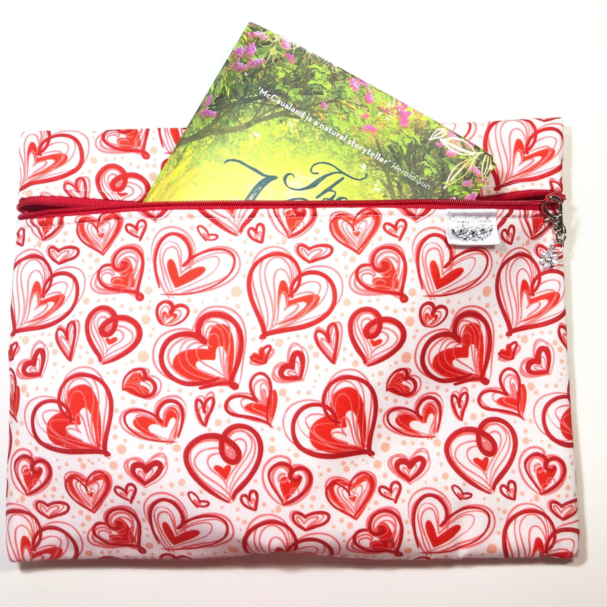 Red hearts  cotton zippered bag for  books.