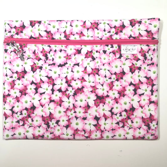 Pink floral project bag for cross stitch.