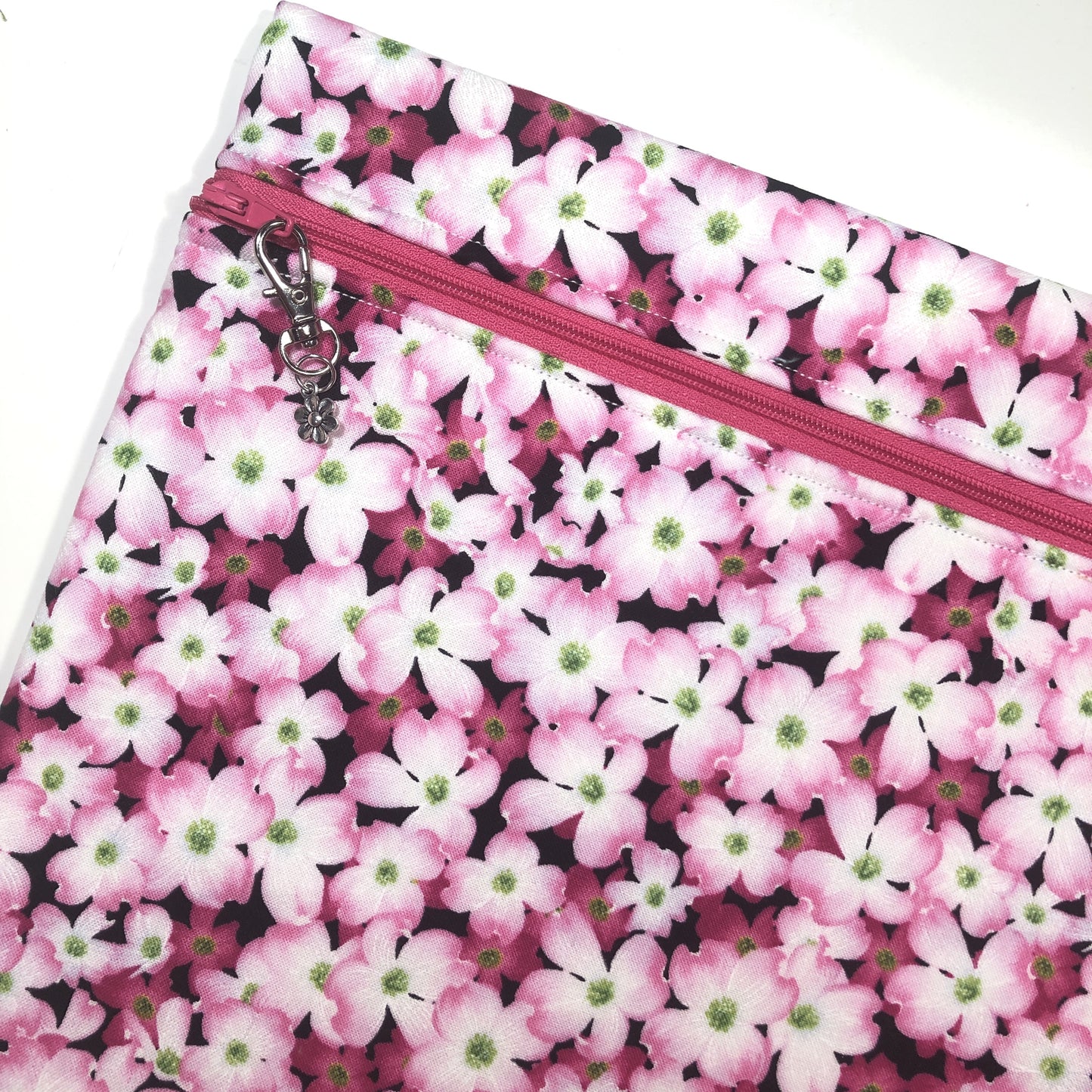 Pink floral project bag for cross stitch.