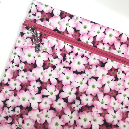 Pink floral project bag for cross stitch.