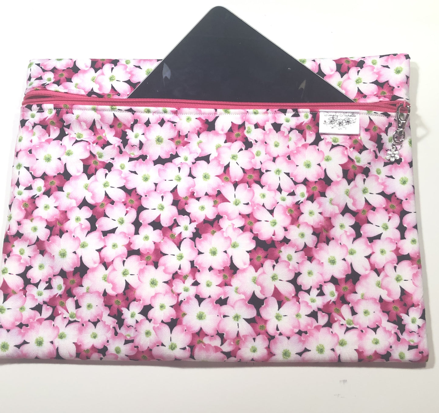 Pink floral project bag for cross stitch.