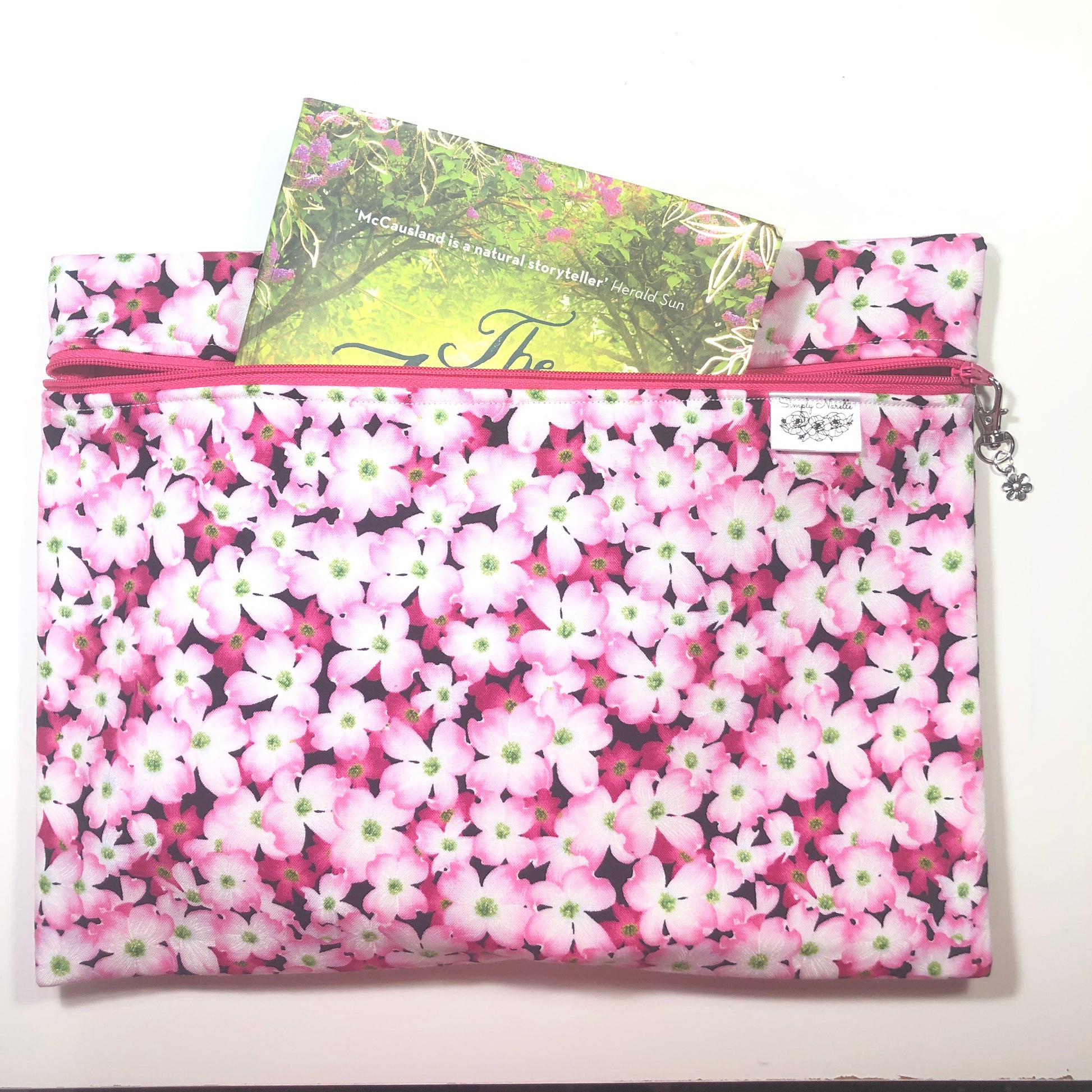 Pink floral project bag for cross stitch.