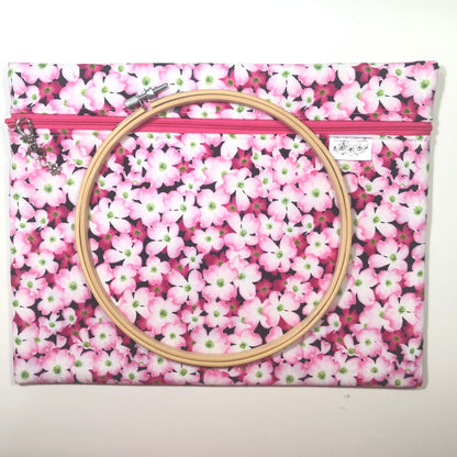 Pink floral project bag for cross stitch.