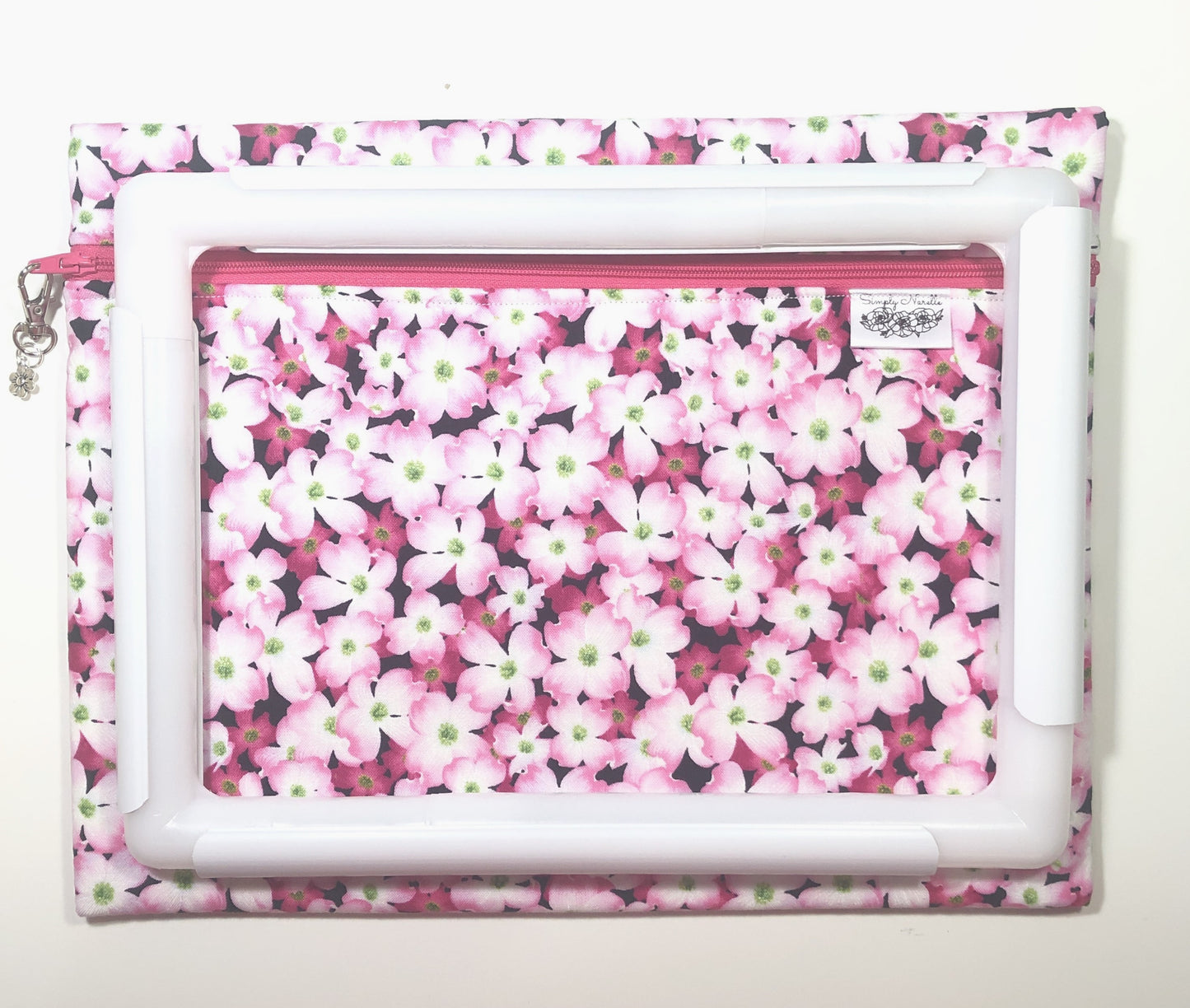 Pink floral project bag for cross stitch.