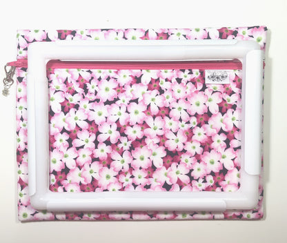 Pink floral project bag for cross stitch.