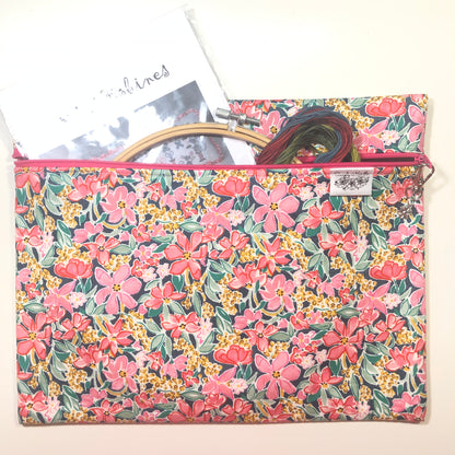Pink floral cross stitch project bag.