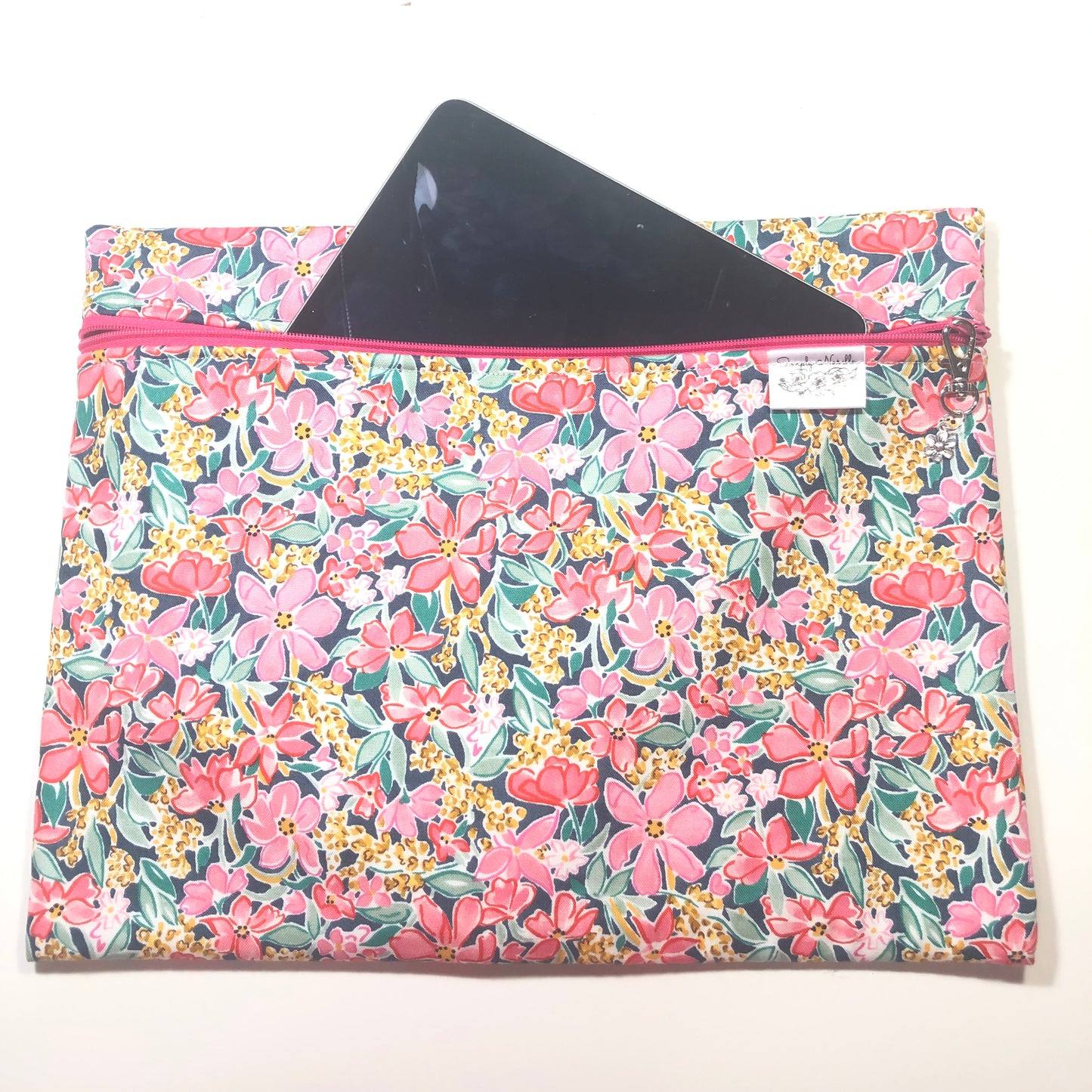 Pink floral project bag for cross stitch.