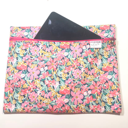 Pink floral project bag for cross stitch.