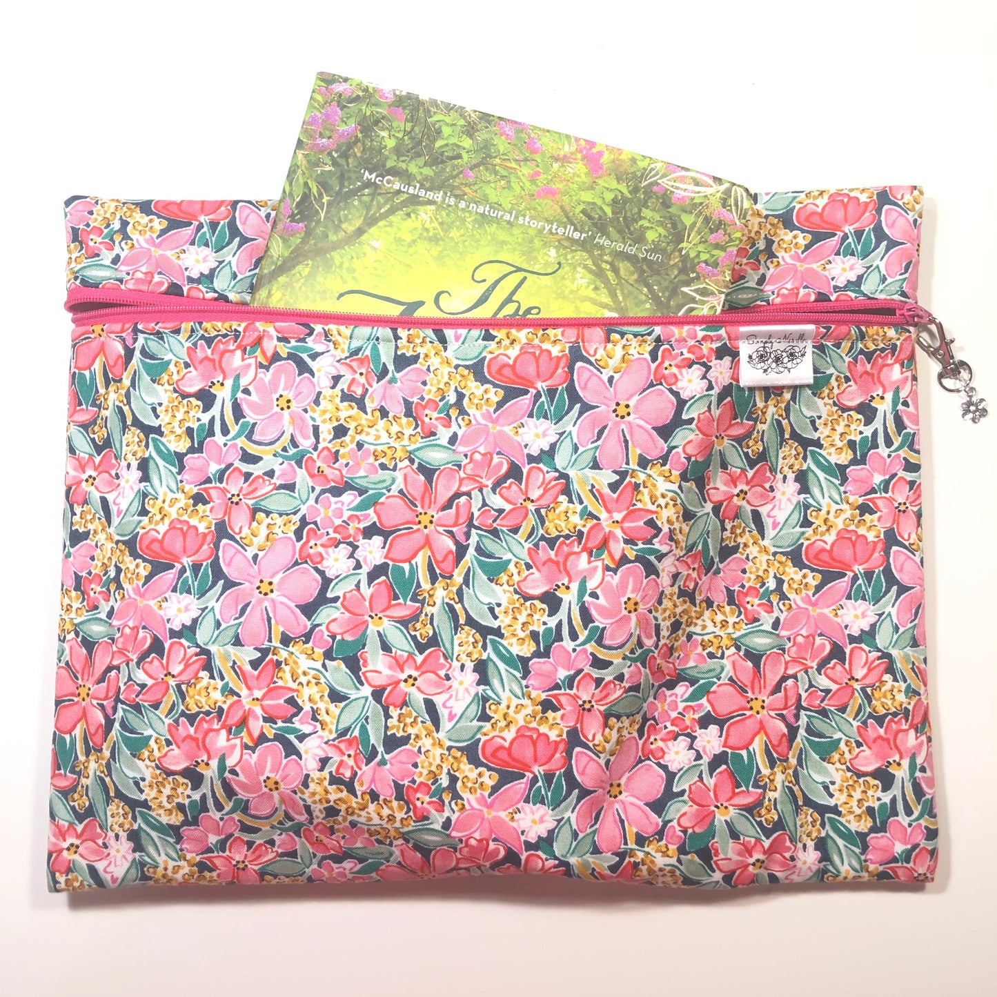 Pink floral project bag for cross stitch.
