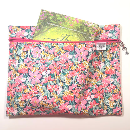 Pink floral project bag for cross stitch.