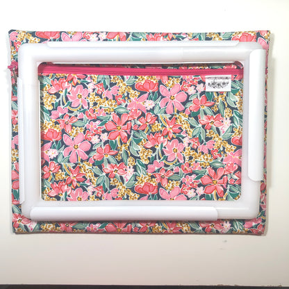 Pink floral project bag for cross stitch.