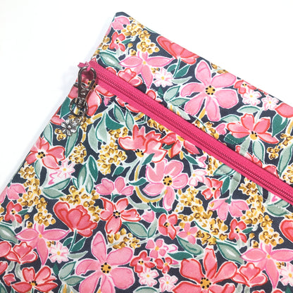 Pink floral project bag for cross stitch.