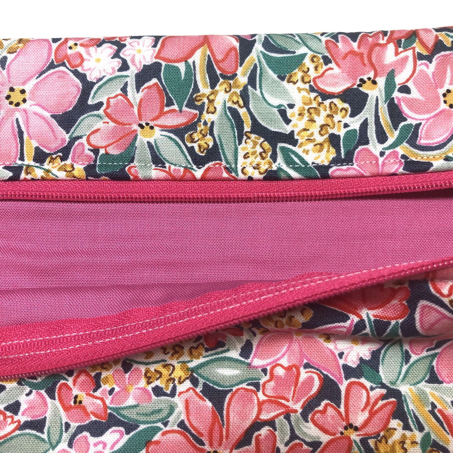 Pink floral project bag for cross stitch.