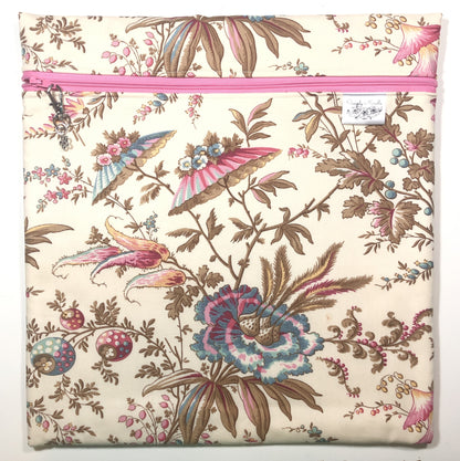 Pink Floral Project Bag for Cross Stitch : Handmade Cotton Craft Organizer