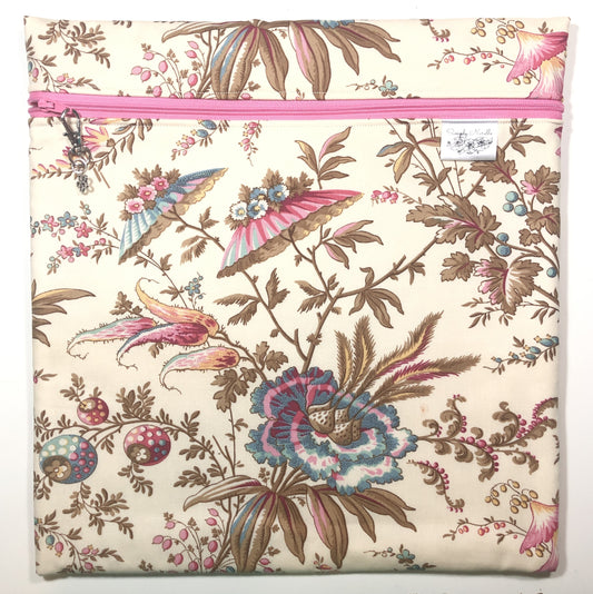 Pink Floral Project Bag for Cross Stitch : Handmade Cotton Craft Organizer