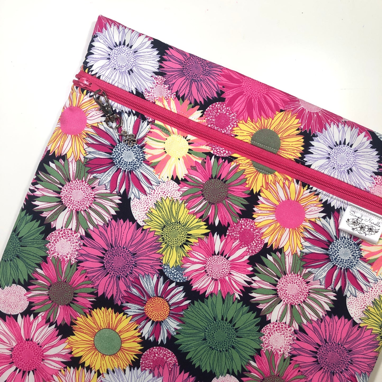 Pink Flowers Project Bag for Cross Stitch : Handmade Cotton Craft Organizer