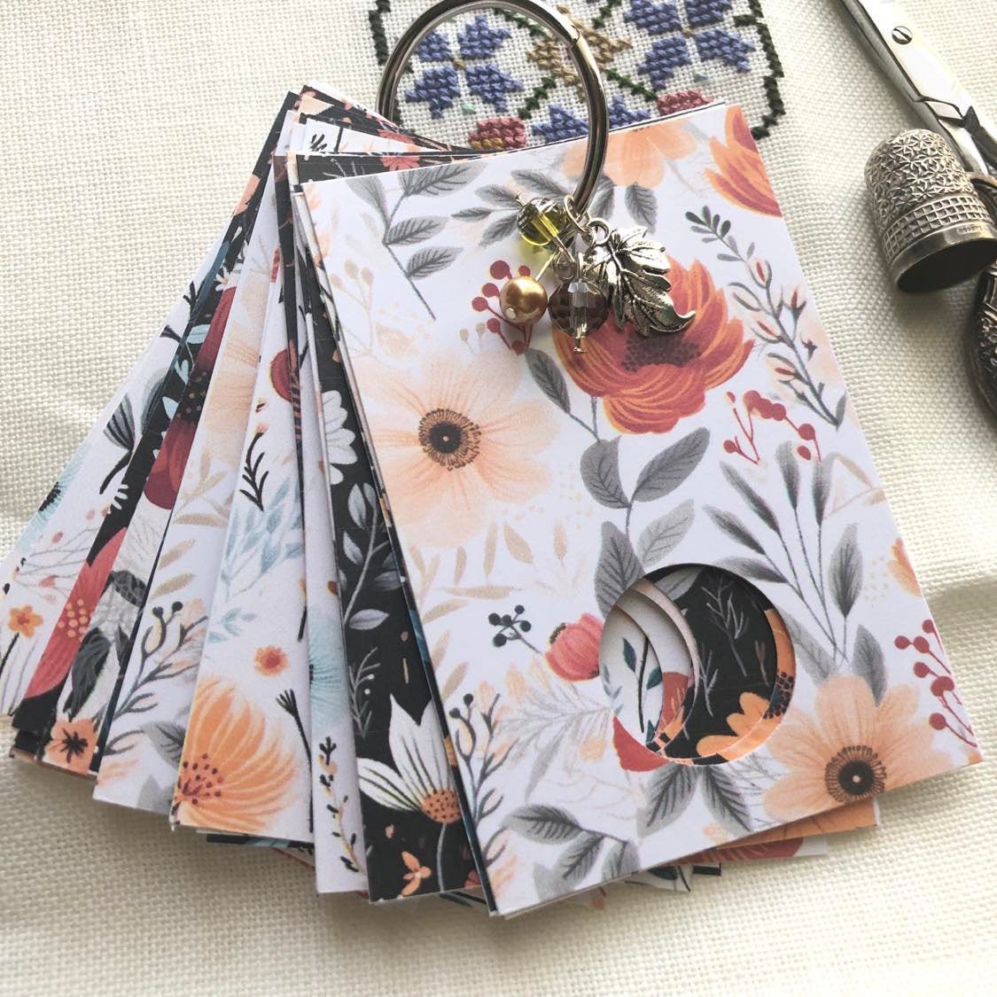 
Floral themed  floss drops for cross stitch thread organisation.