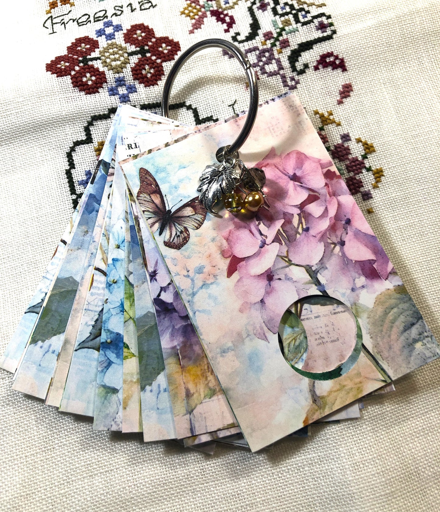 Hydrangea themed floss drops for cross stitch thread organisation.