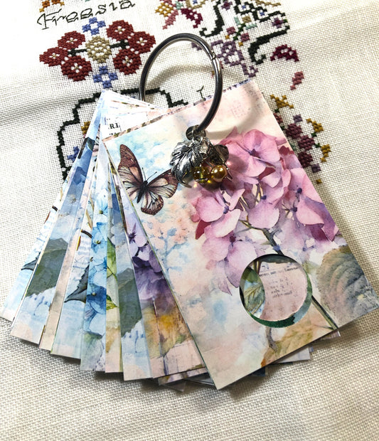 Hydrangea themed floss drops for cross stitch thread organisation.