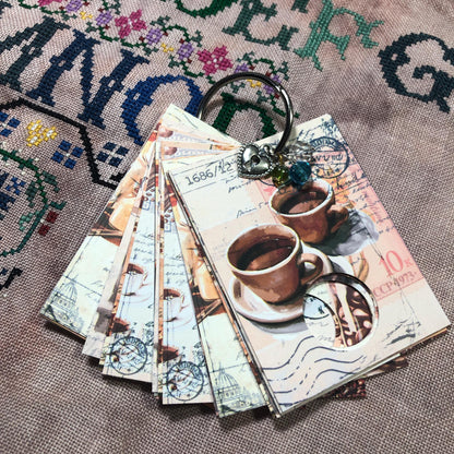 Coffee themed floss drops for cross stitch thread organisation.