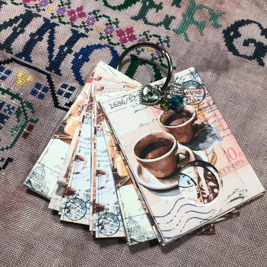 Coffee themed floss drops for cross stitch thread organisation.