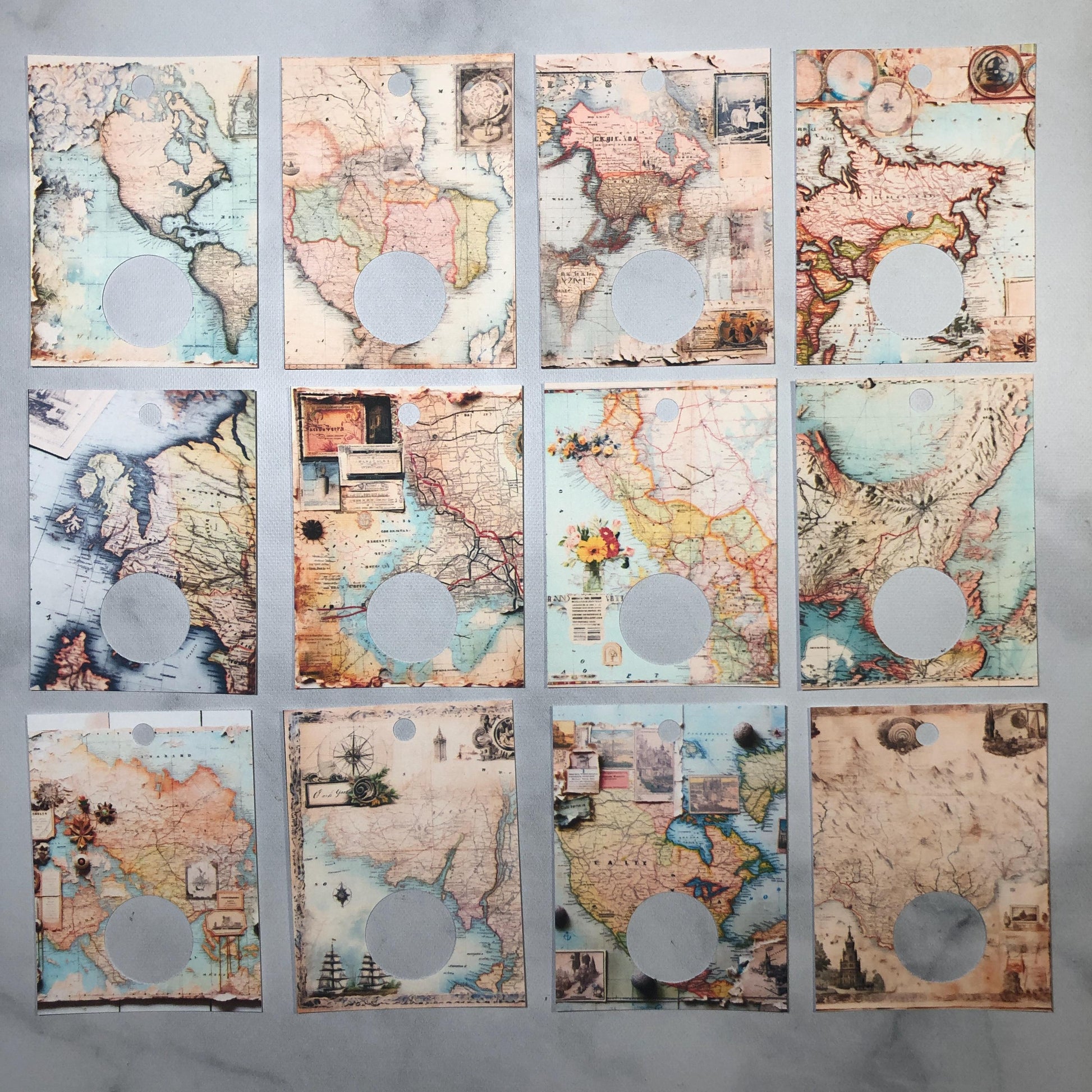 World map themed floss drops for cross stitch thread organisation.