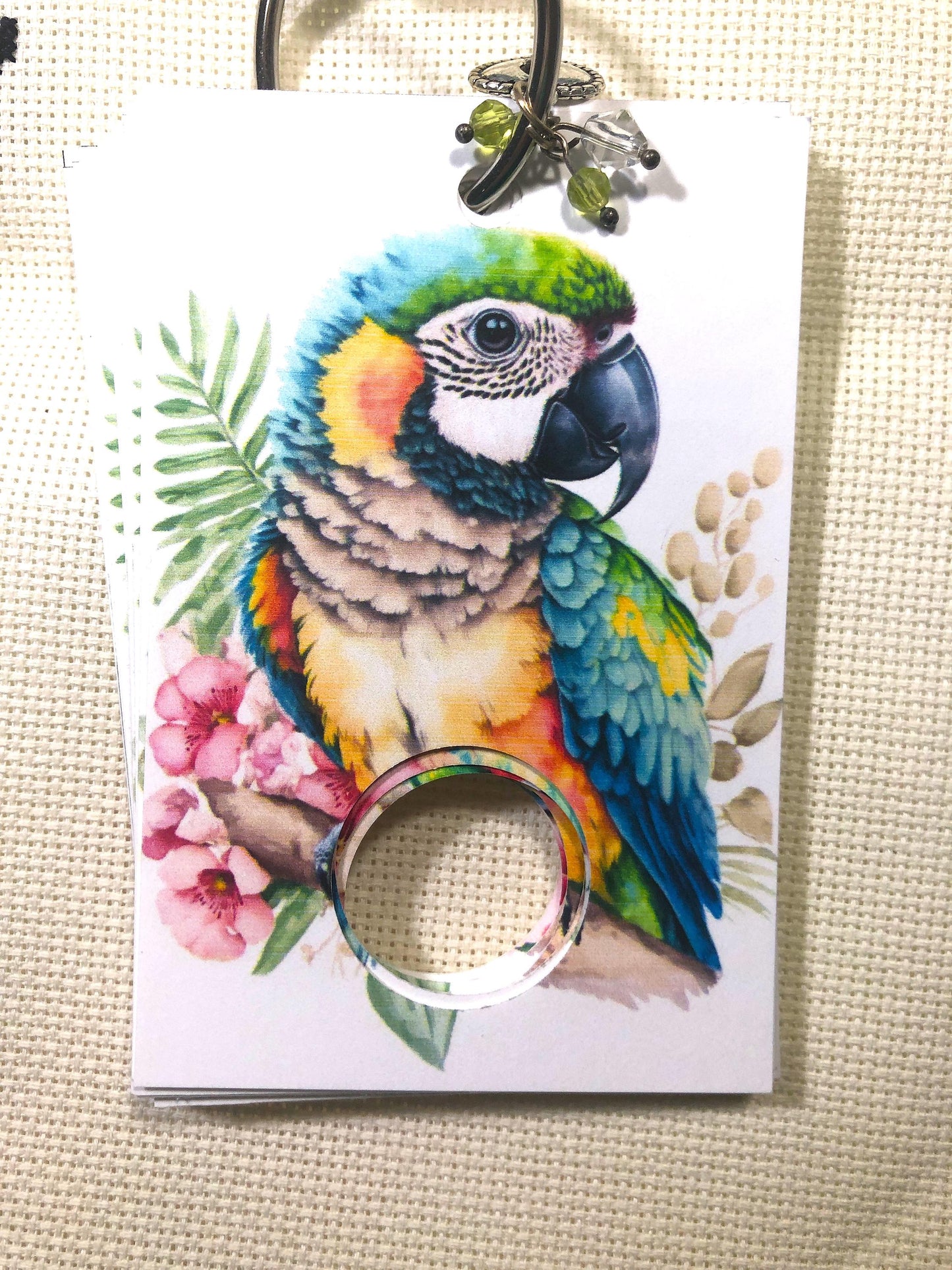 Tropical birds themed floss drops for cross stitch thread organisation.