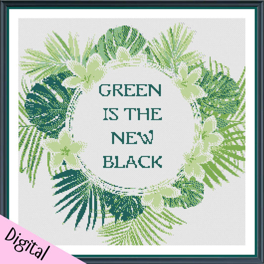 Cross-stitched design with green leaves and 'Green is the New Black' text on a white background.