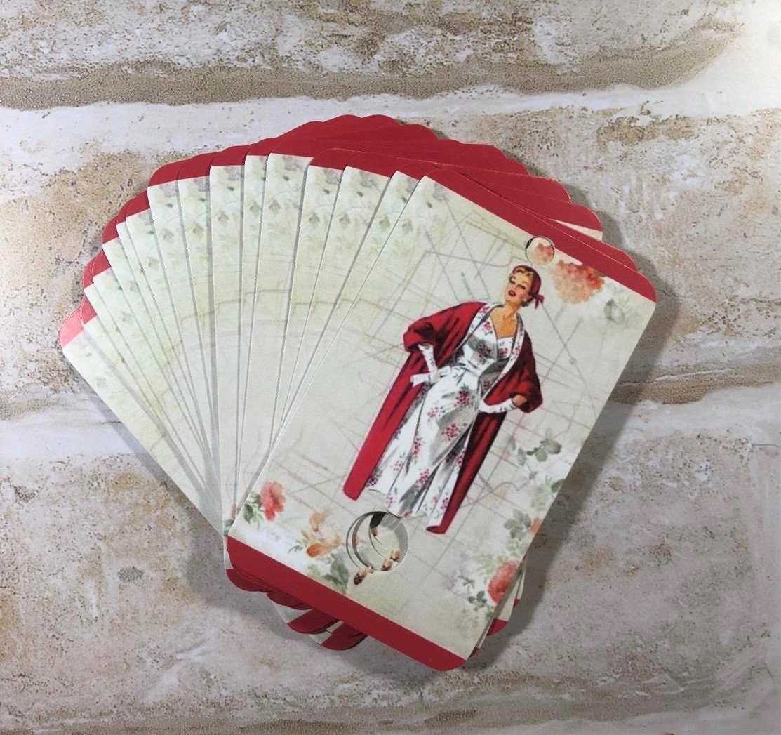 Vintage 1950s lady fashion themed  floss drops for cross stitch thread organisation.