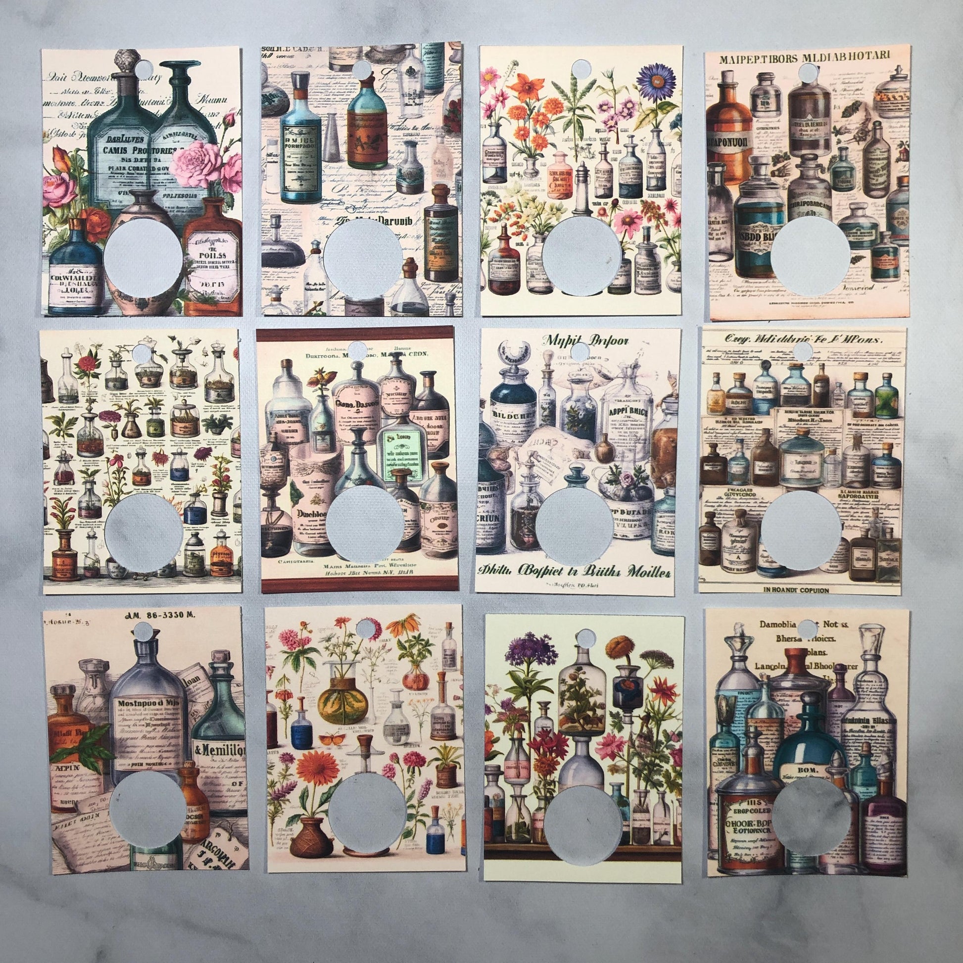 
Apothecary bottles themed floss drops for cross stitch thread organisation.