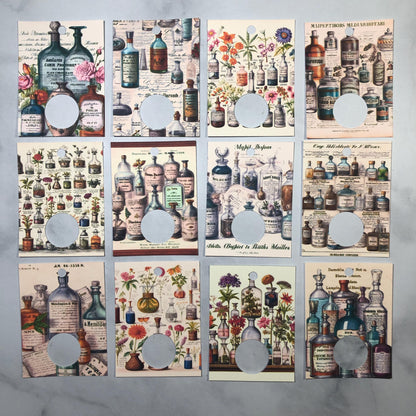 
Apothecary bottles themed floss drops for cross stitch thread organisation.