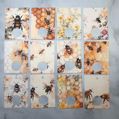 
Bee themed floss drops for cross stitch thread organisation.