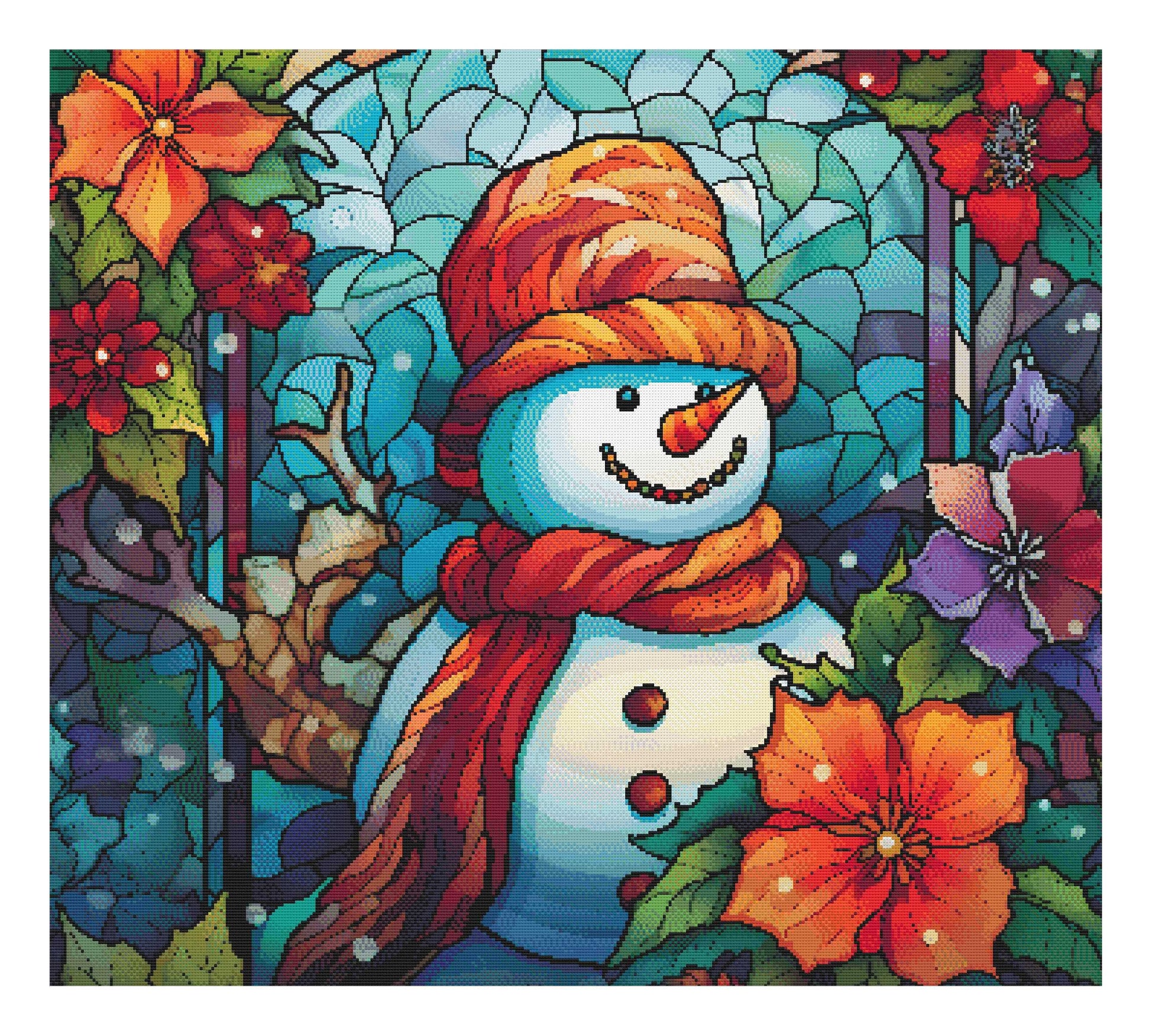 Stained glass snowman cross stitch pattern