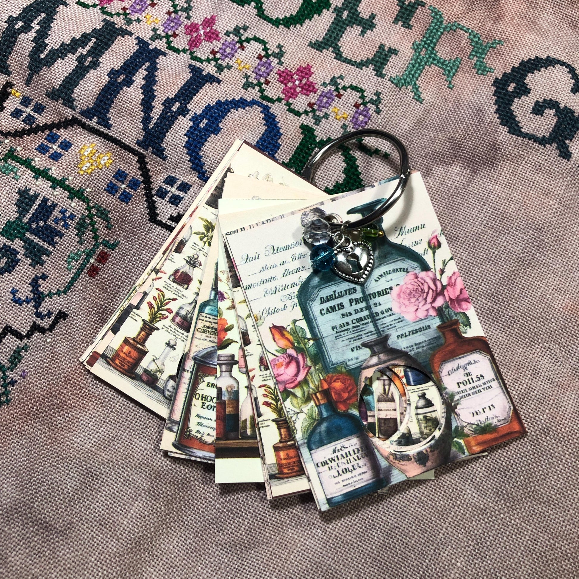 
Apothecary bottle themed floss drops for cross stitch thread organisation.