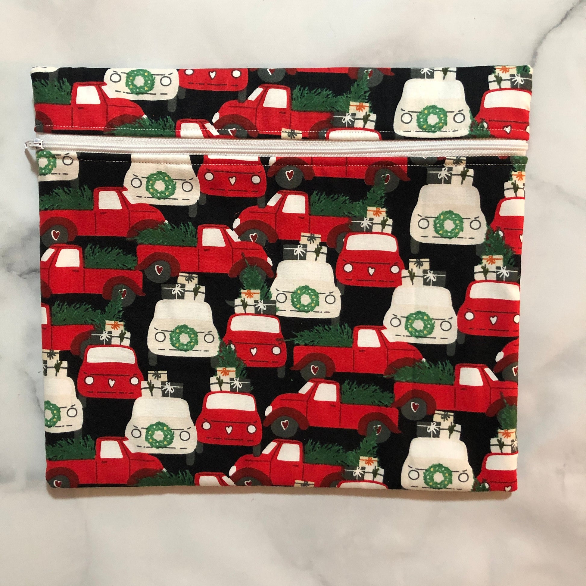 Christmas trucks  themed cross stitch project bag